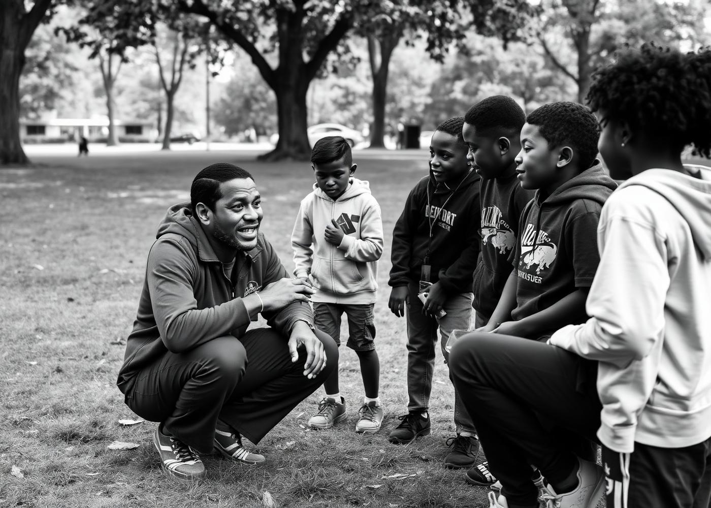 Mentor speaking with youth in a community park